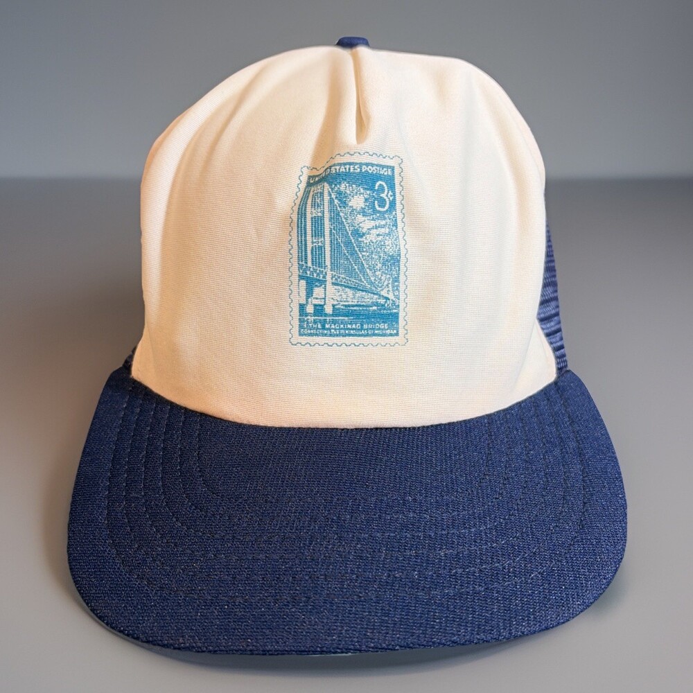 Vintage Mackinac Island Trucker Hat Snapback Stamp Rare Vtg White Blue